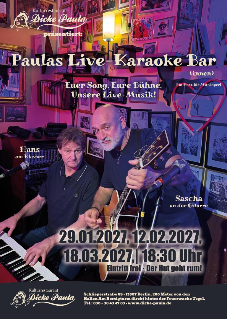 Paulas Live-Karaoke Bar(innen) mit Hans am Klavier und Sascha an der Gitarre – Termine am 29.01., 12.02. und 18.03.2027 in Berlin-Tegel