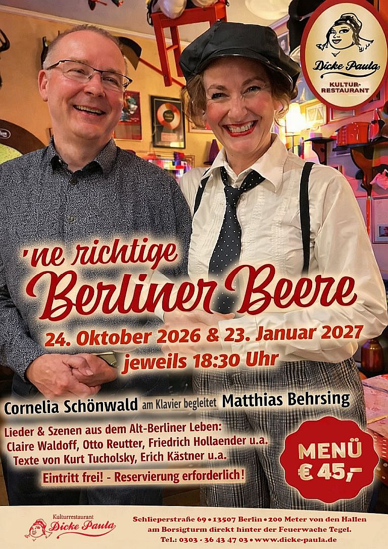 ’ne richtige Berliner Beere mit Cornelia Schönwald und Matthias Behrsing in der Dicken Paula Berlin-Tegel mit Menü