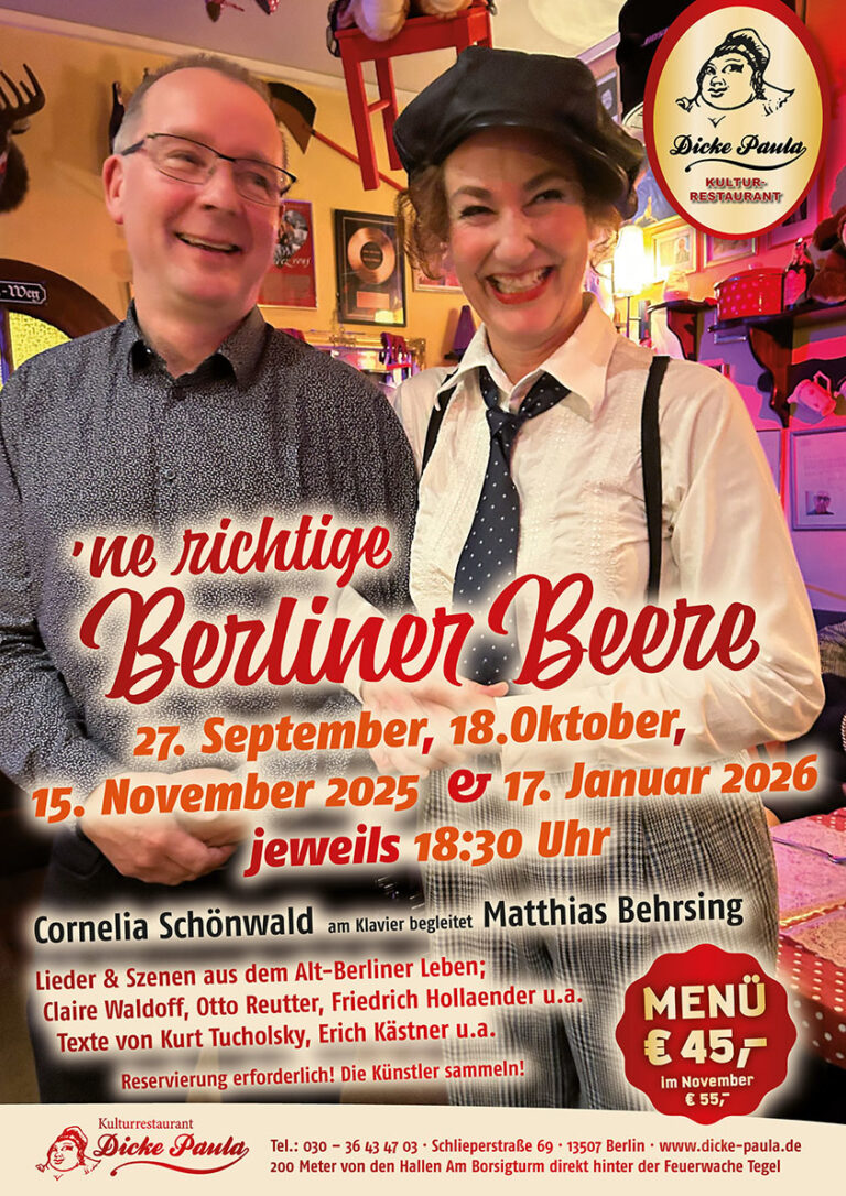 ,ne richtige Berliner Beere - 27. September, 18. Oktober, 15. November 2025 & 17. Januar 2026 jeweils 18:30 Uhr Reservierung erforderlich! Die Künstler sammeln!