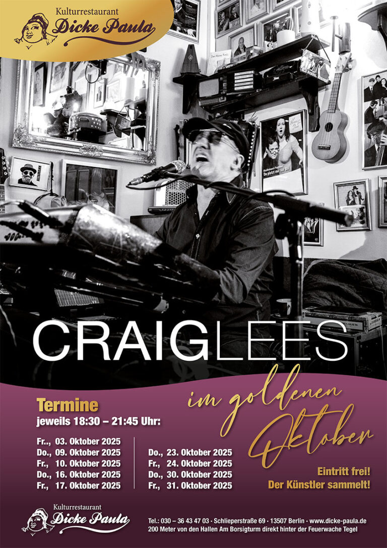 Craig Lees im goldenen Oktober Termine jeweils 18:30 – 21:45 Uhr: Fr., 03. Oktober 2025 Do., 09. Oktober 2025 Fr., 10. Oktober 2025 Do., 16. Oktober 2025 Fr., 17. Oktober 2025 Do., 23. Oktober 2025 Fr., 24. Oktober 2025 Do., 30. Oktober 2025 Fr., 31. Oktober 2025 Eintritt frei! Der Künstler sammelt!