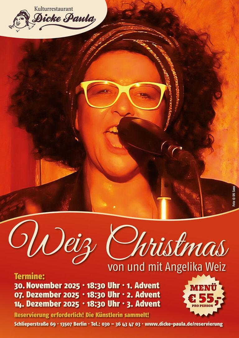 Weiz Christmas von und mit Angelika Weiz Termine: 30. November 2025 · 18:30 Uhr · 1. Advent 07. Dezember 2025 · 18:30 Uhr · 2. Advent 14. Dezember 2025 · 18:30 Uhr · 3. Advent Reservierung erforderlich! Die Künstlerin sammelt!