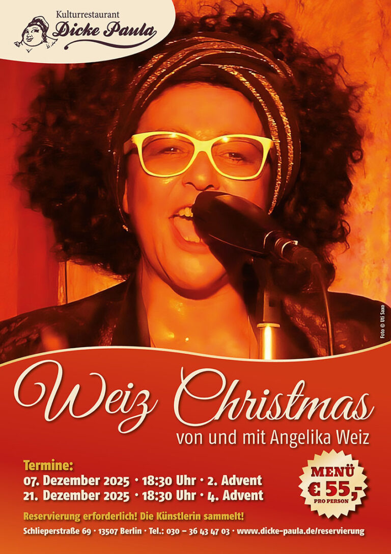 Weiz Christmas von und mit Angelika Weiz Termine: 07. Dezember 2025 · 18:30 Uhr · 2. Advent 21. Dezember 2025 · 18:30 Uhr · 4. Advent Reservierung erforderlich! Die Künstlerin sammelt!